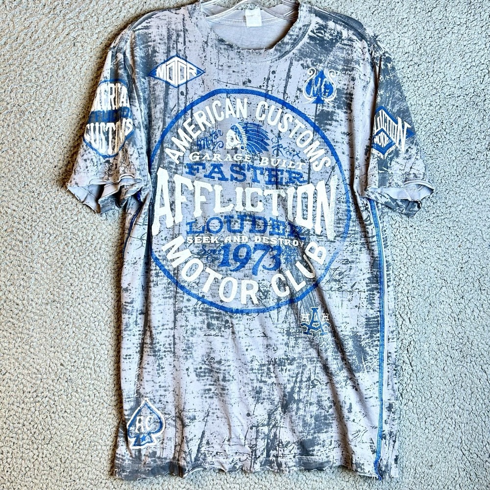 Affliction Shirt Mens Sz M/L  Blue American Customs Motor Club Biker Graphic Tee